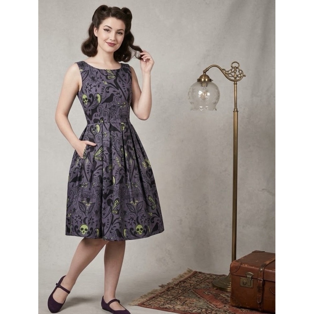 Lindy Bop Lana Gothic Midi Dress Sz 8 Rockabilly Retro 50's Fit Flare Witchcore